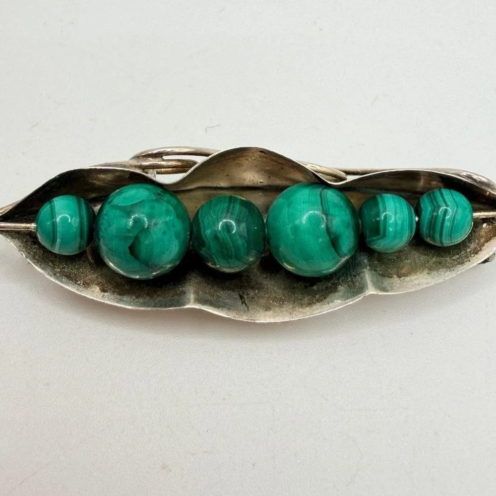Sterling Silver Malachite Brooch Pea in the Pod 2.5